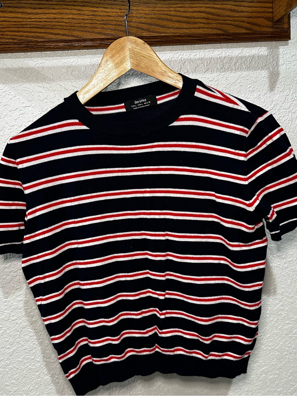 Bershka Black Short-Sleeve Sweater with Red & White Stripes